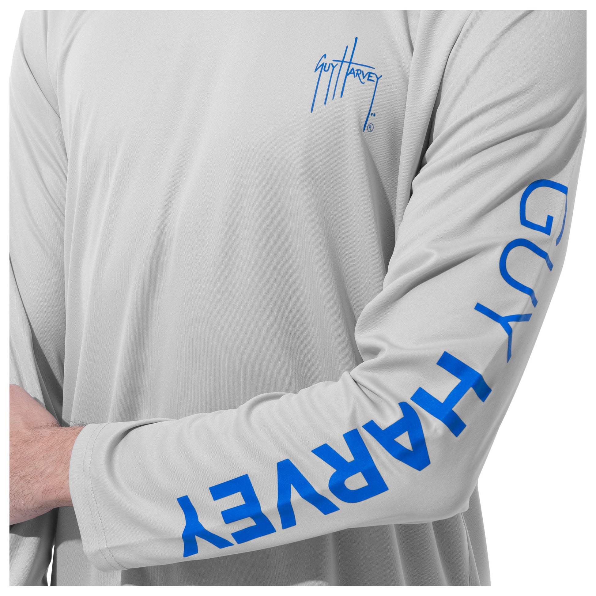 Men Long Sleeve Performance Fishing Sun Protection with UPF 50 Plus. Color Grey Sleeve has Guy Harvey text