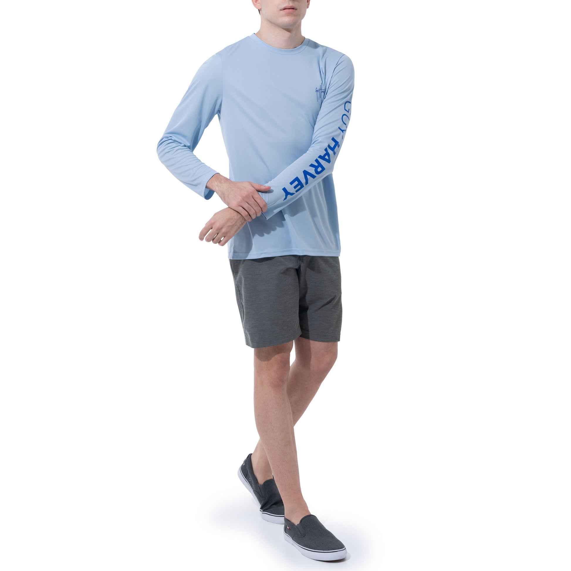 Men Long Sleeve Performance Fishing Sun Protection with UPF 50 Plus. Color Light Blue Lifestyle
