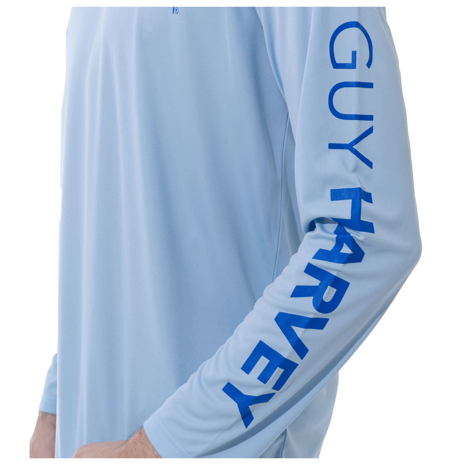 Men Long Sleeve Performance Fishing Sun Protection with UPF 50 Plus. Color Light Blue Sleeve has Guy Harvey text