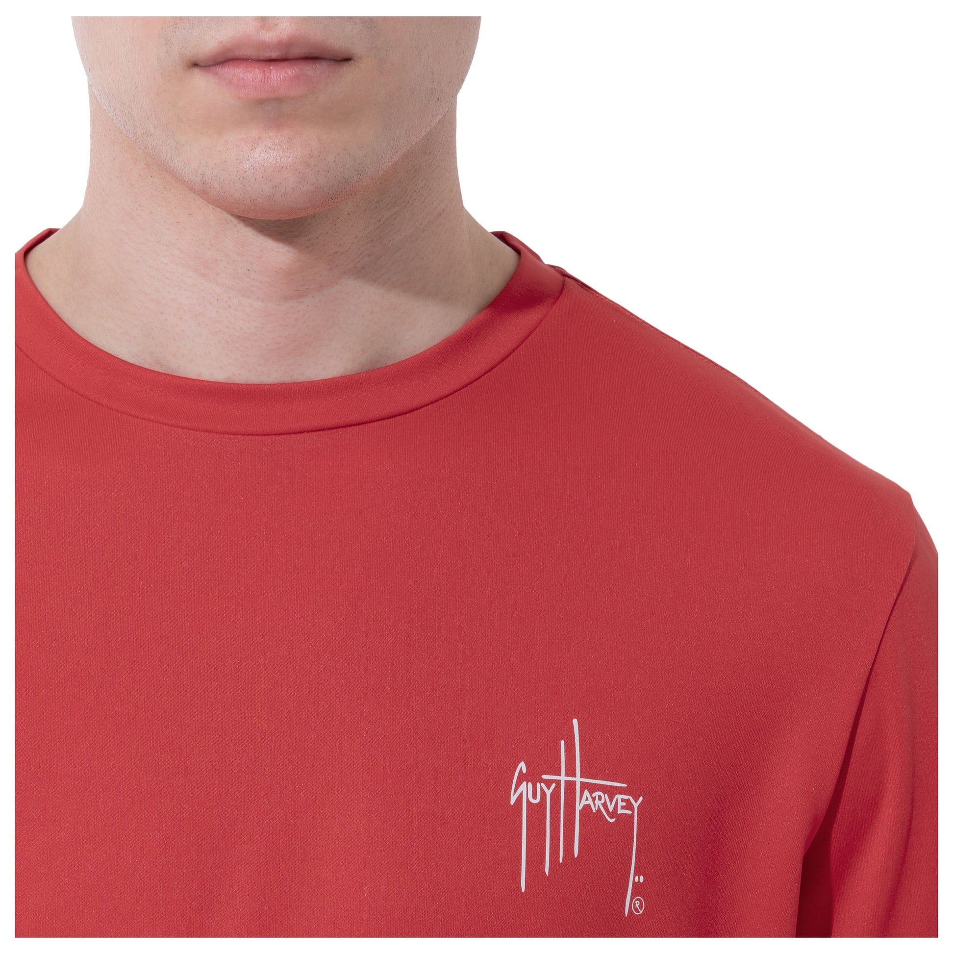 Men Long Sleeve Performance Fishing Sun Protection with UPF 50 Plus. Color Red Guy Harvey Signature on chest