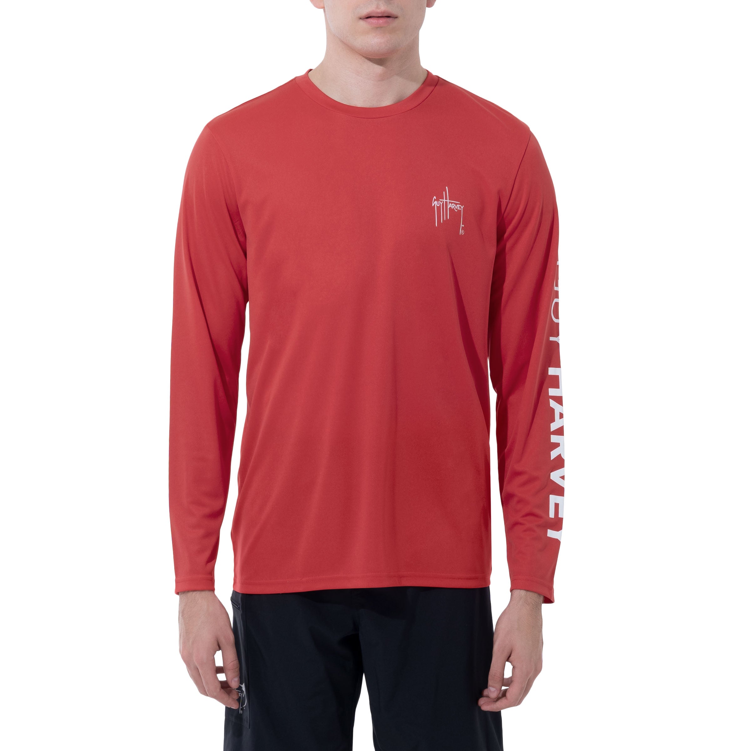 Men Long Sleeve Performance Fishing Sun Protection with UPF 50 Plus. Color Red Front View 13