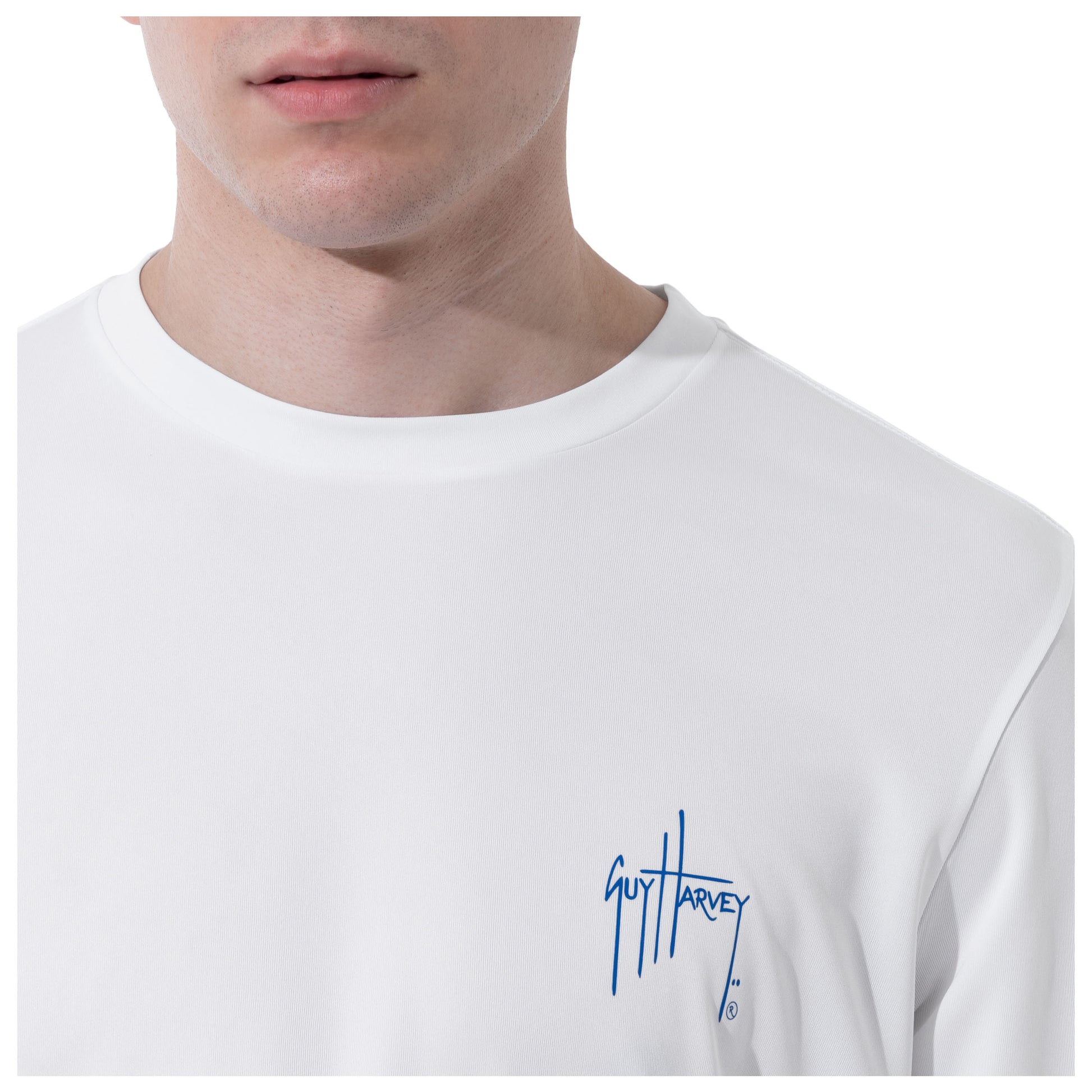 Men Long Sleeve Performance Fishing Sun Protection with UPF 50 Plus. Color White Guy Harvey signature on the chest