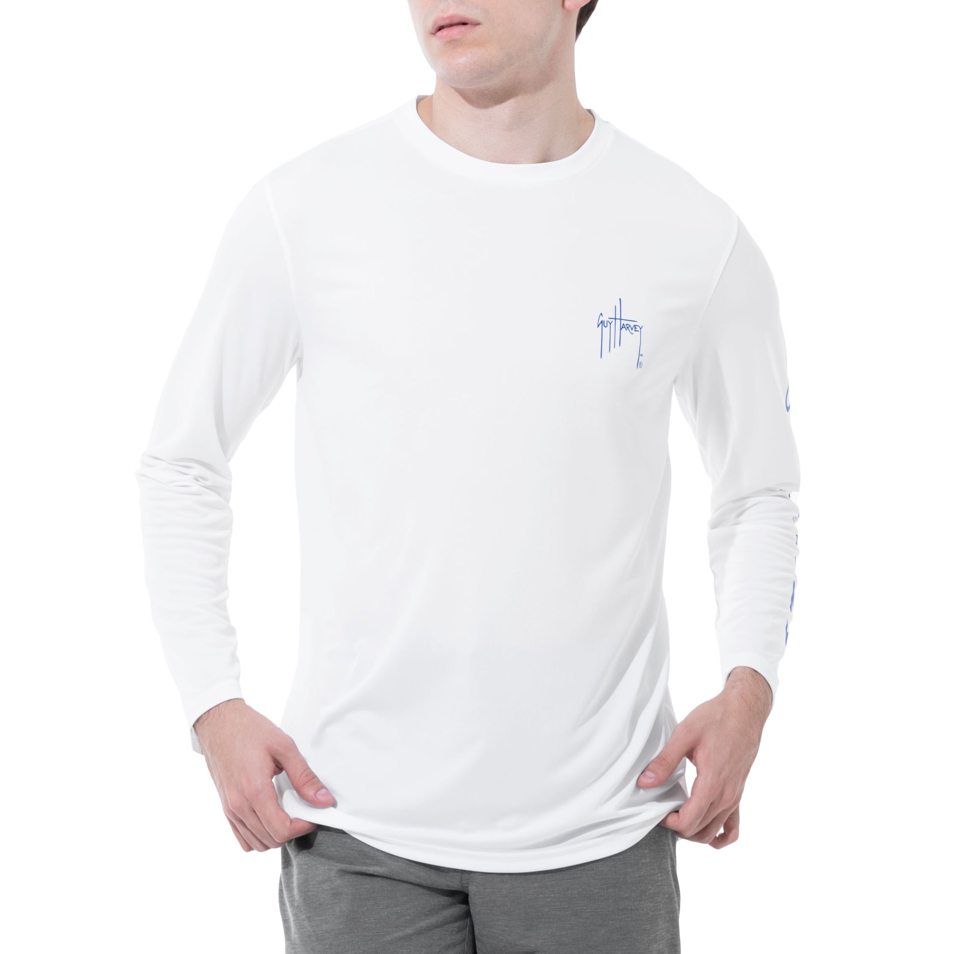 Men Long Sleeve Performance Fishing Sun Protection with UPF 50 Plus. Color White Front