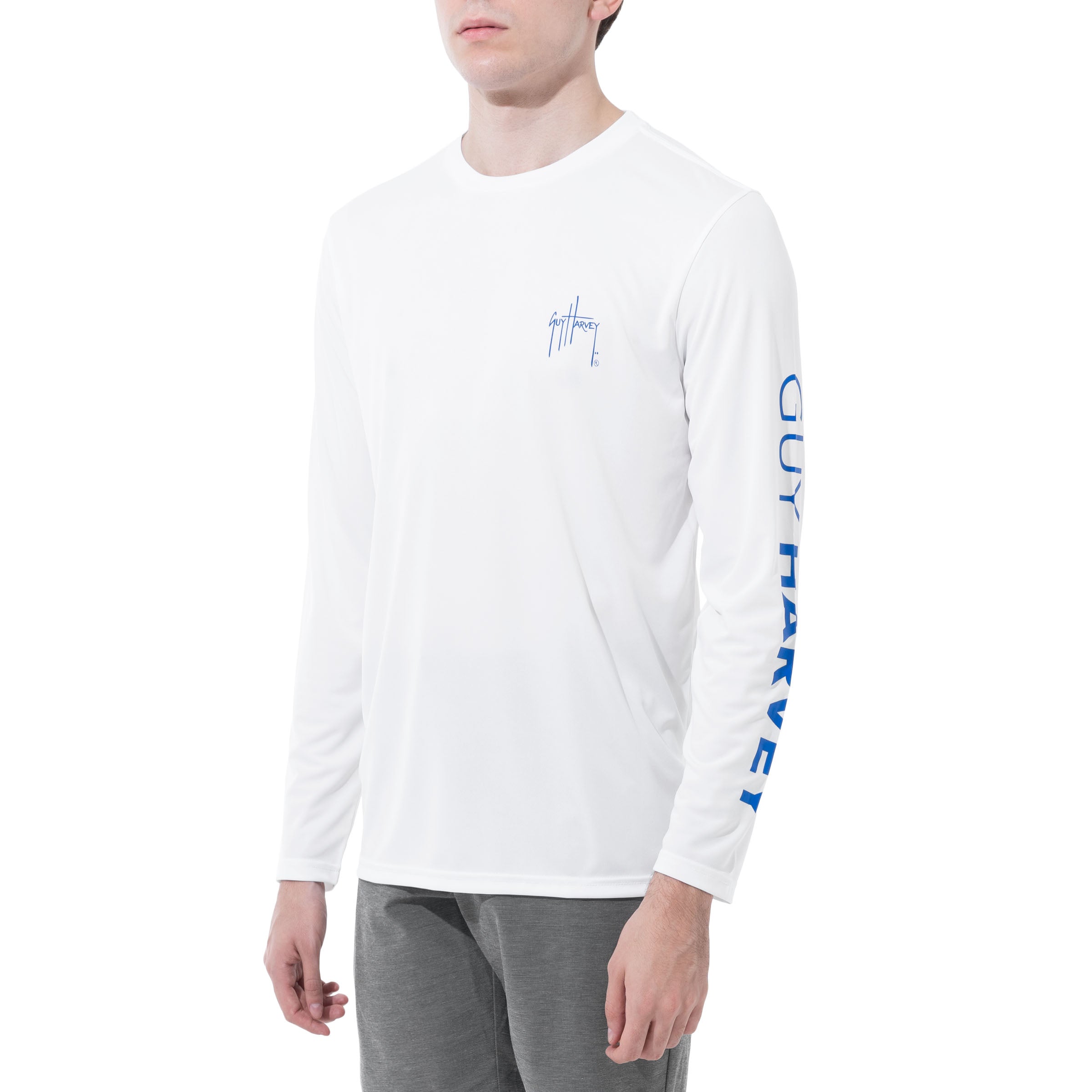 Men Long Sleeve Performance Fishing Sun Protection with UPF 50 Plus. Color White Sideview View 35