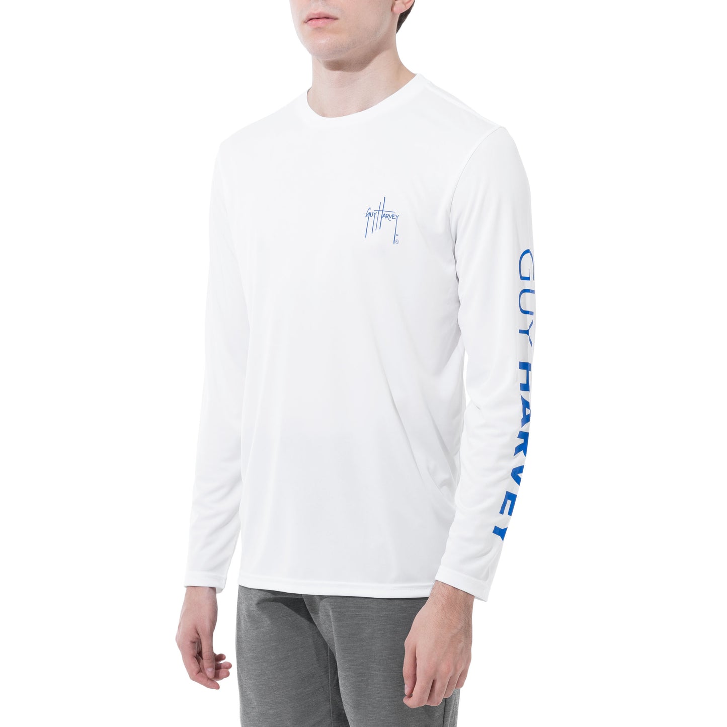 Men Long Sleeve Performance Fishing Sun Protection with UPF 50 Plus. Color White Sideview