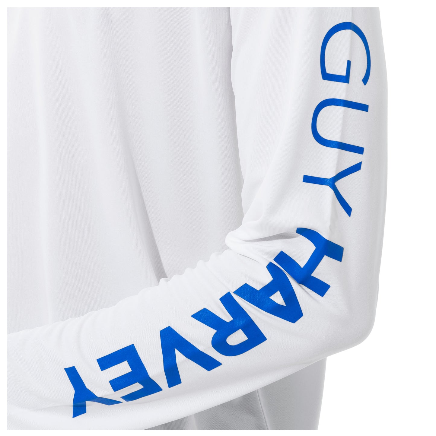 Men Long Sleeve Performance Fishing Sun Protection with UPF 50 Plus. Color White Sleeve has Guy Harvey text