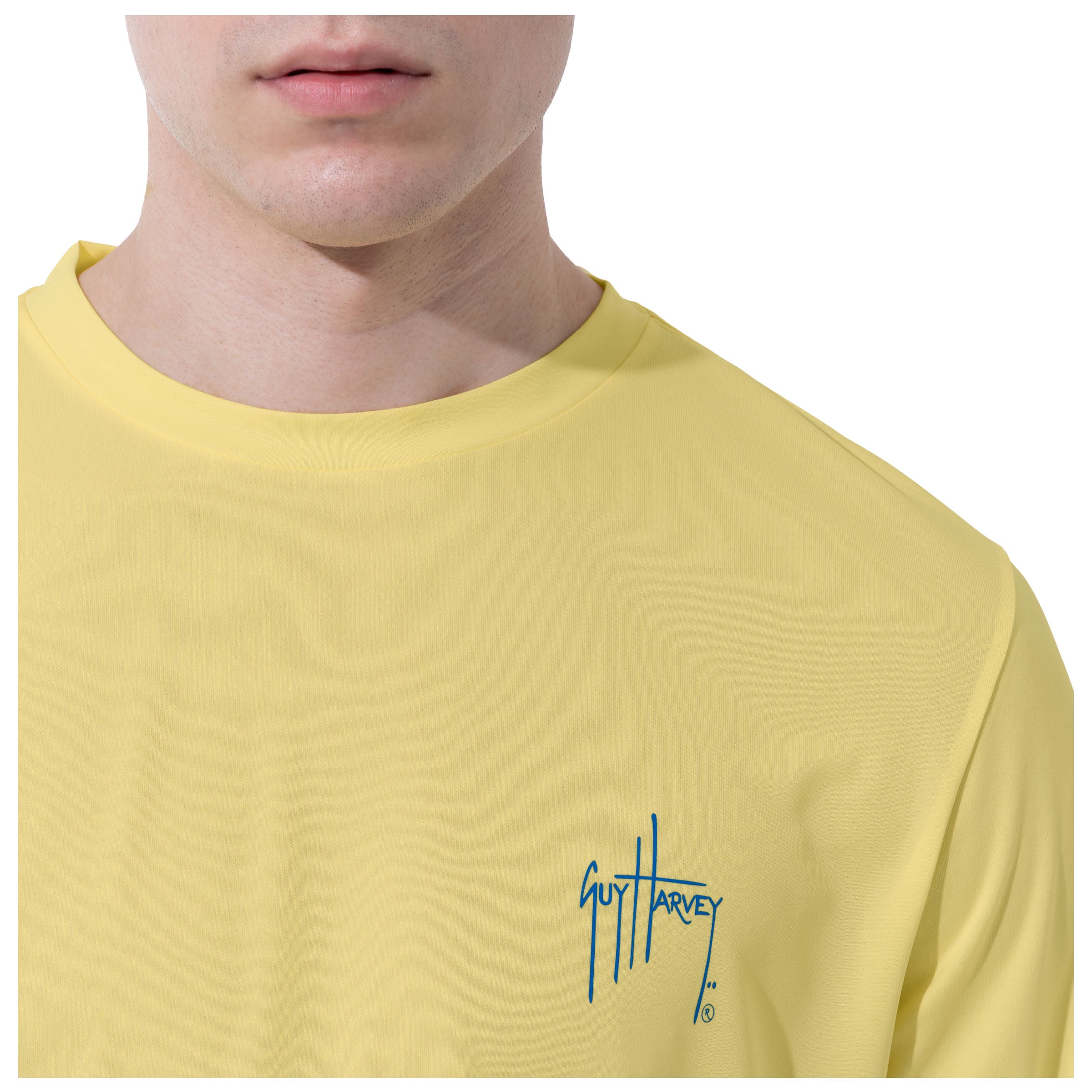 Men Long Sleeve Performance Fishing Sun Protection with UPF 50 Plus. Color Yellow Guy Harvey signature on the chest View 22