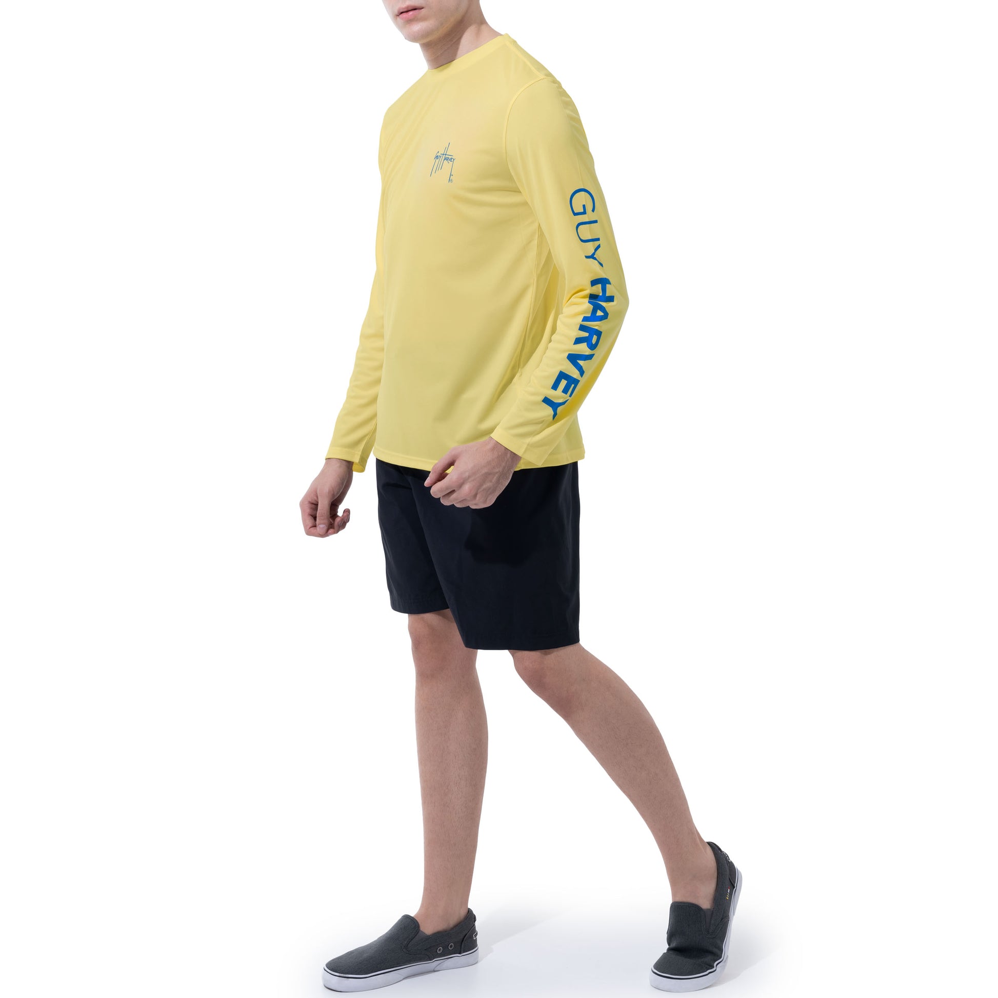 Men Long Sleeve Performance Fishing Sun Protection with UPF 50 Plus. Color Yellow Lifestyle