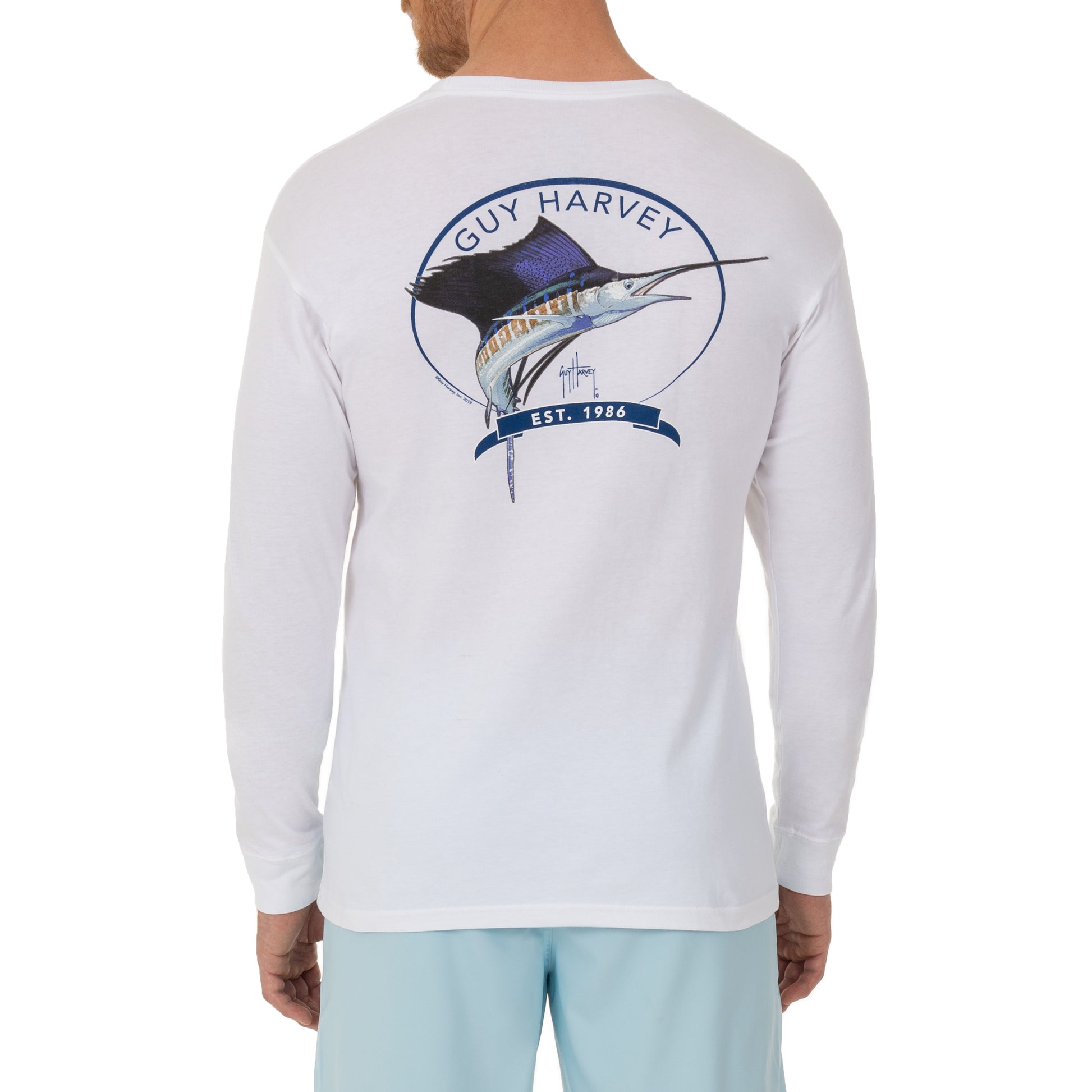 Guy Harvey Mens Classic Logo Long Sleeve T-Shirt - Blue/White - Large