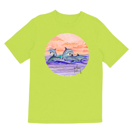 Girl's Dolphins Jumping Short Sleeve Green T-Shirt View 1