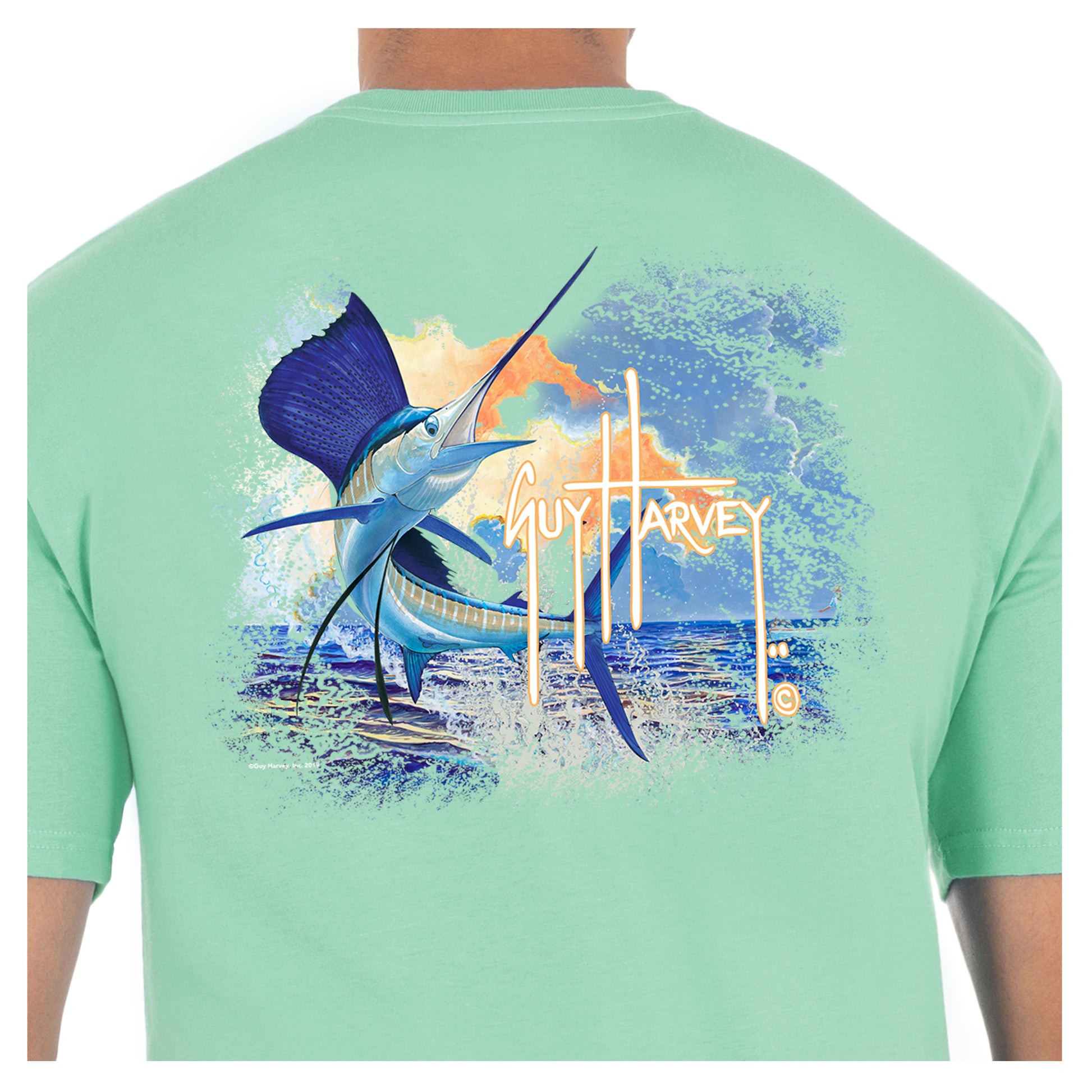 Guy Harvey Men's Sunset Sailfish Short Sleeve T-Shirt, XXL, Beach Glass