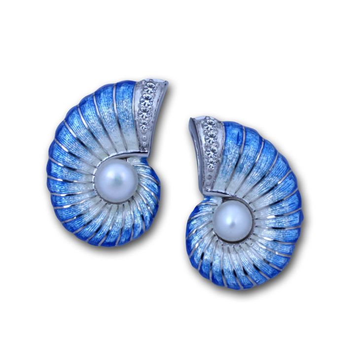Nautilus Earrings with Pearls- Enamel Sterling Silver
