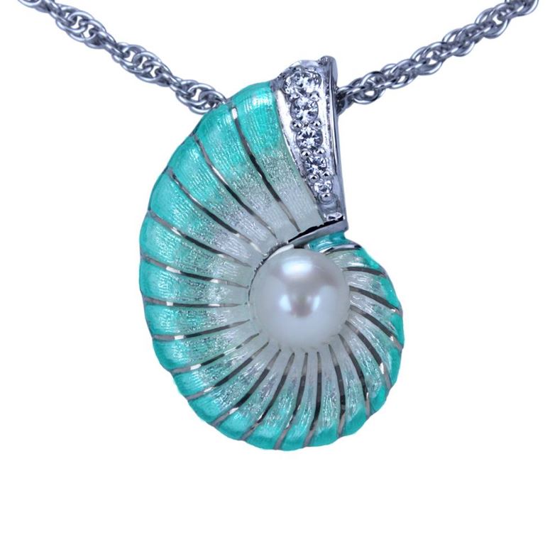 Nautilus Shell Necklace with Pearl - Enameled  Sterling Silver
