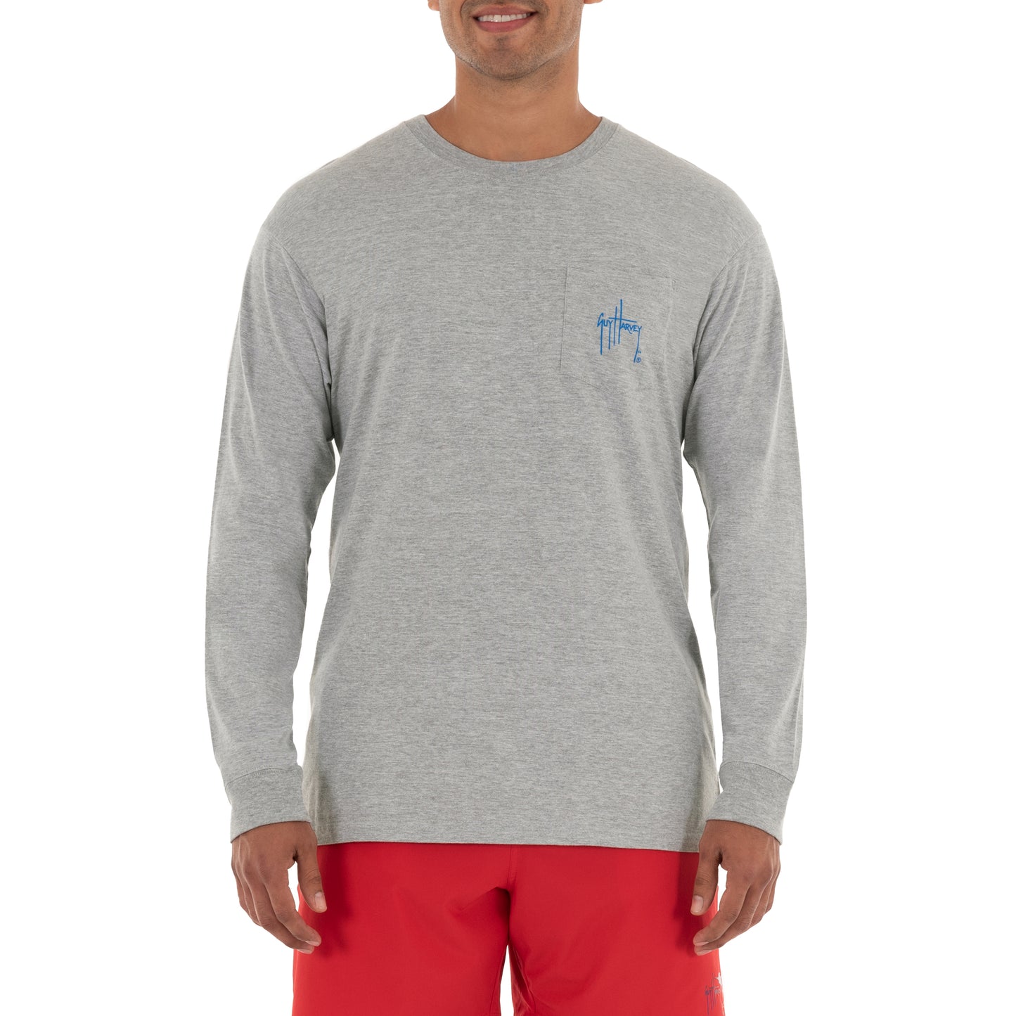 Men's Patriotic Marlin Long Sleeve Pocket Grey T-Shirt