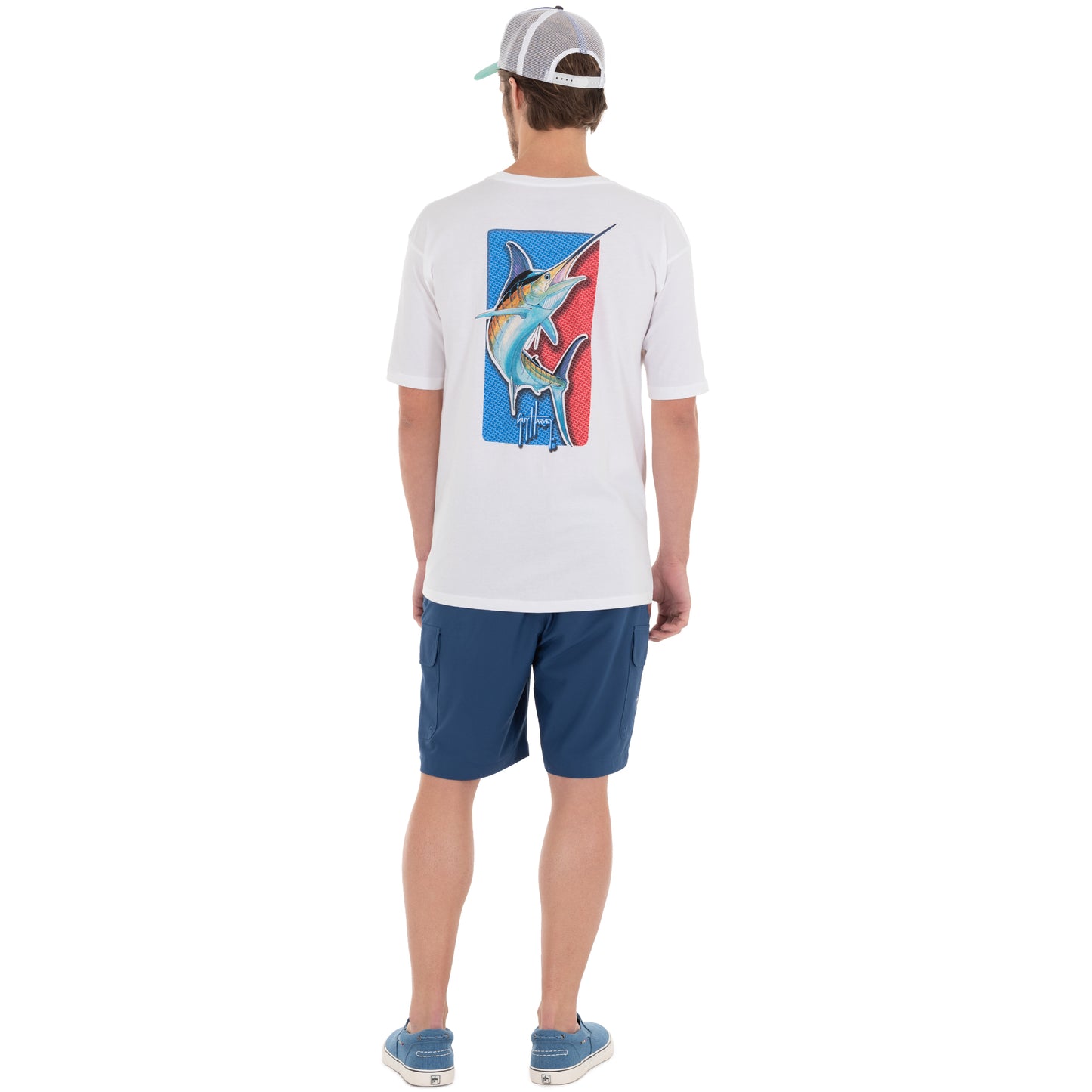 Mens Patriotic Marlin Short Sleeve Pocket White T-Shirt View 4