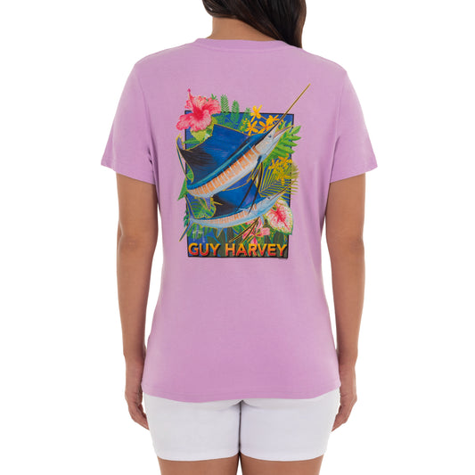 Ladies Floral Sailfish Short Sleeve Purple T-Shirt View 1