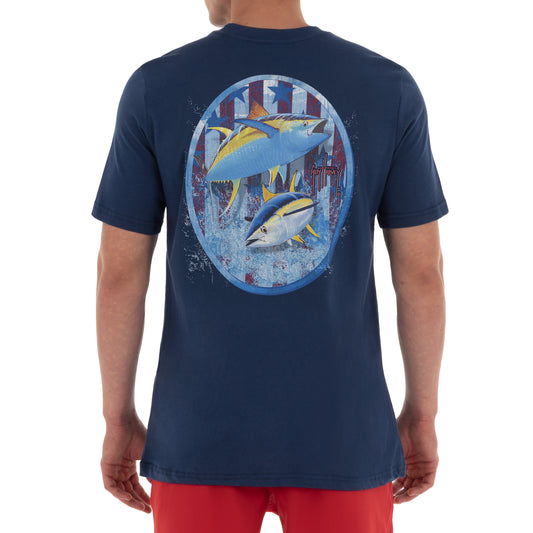 Men's Patriotic Yellowfin Tuna Short Sleeve Pocket Navy T-Shirt View 1