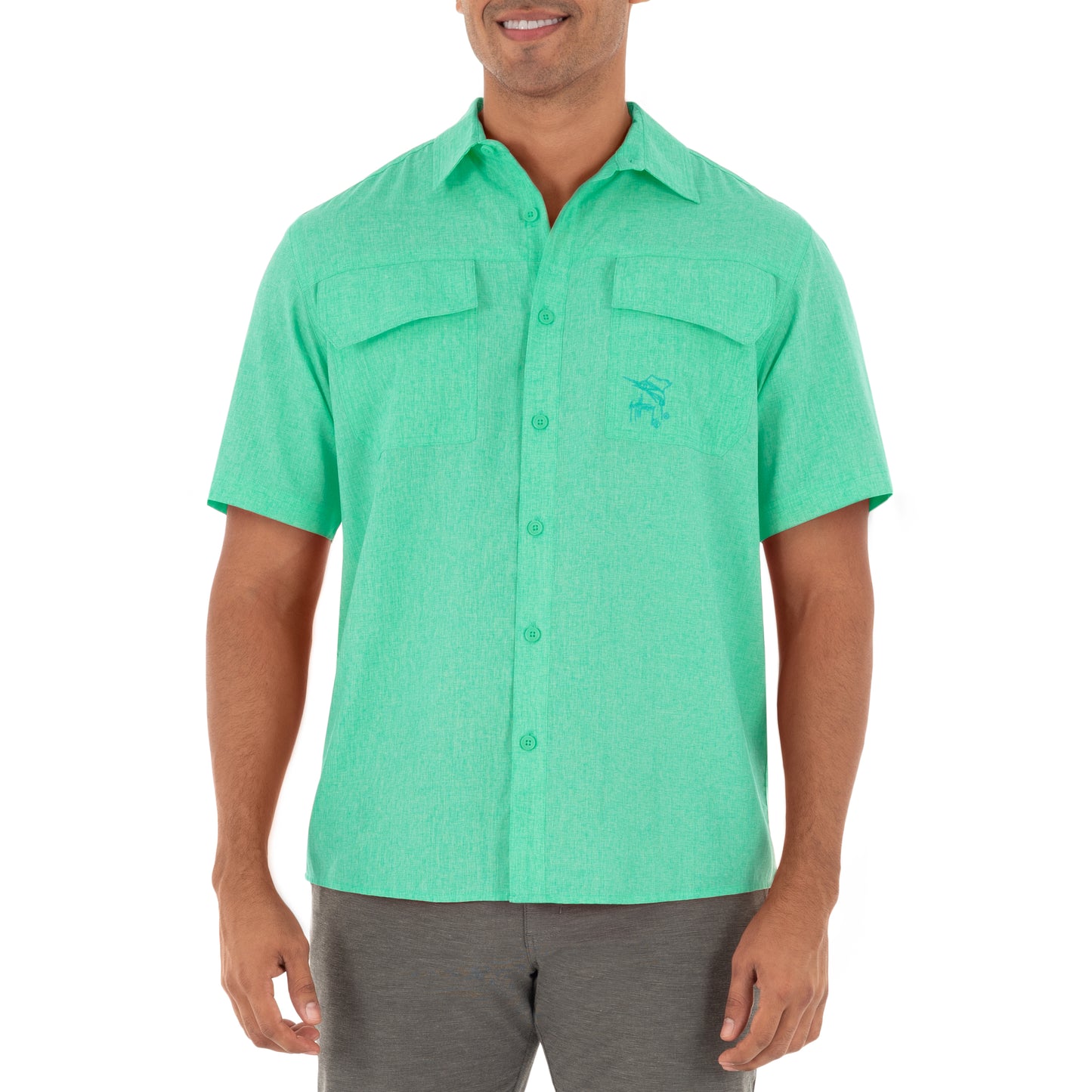 Men's Short Sleeve Heather Textured Cationic Green Fishing Shirt