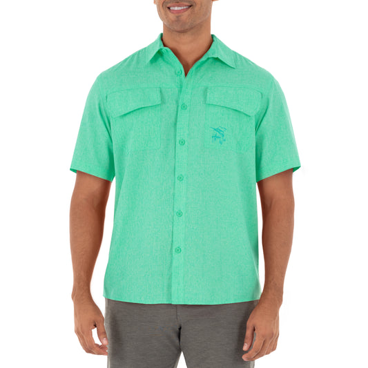 Men's Short Sleeve Heather Textured Cationic Green Fishing Shirt
