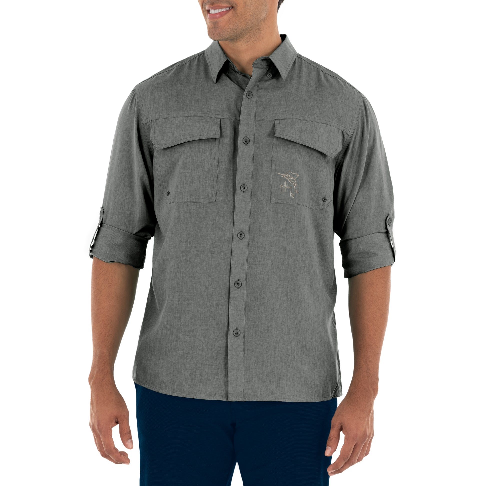 Guy Harvey | Men's Long Sleeve Heather Textured Cationic Grey Fishing Shirt, 2XL