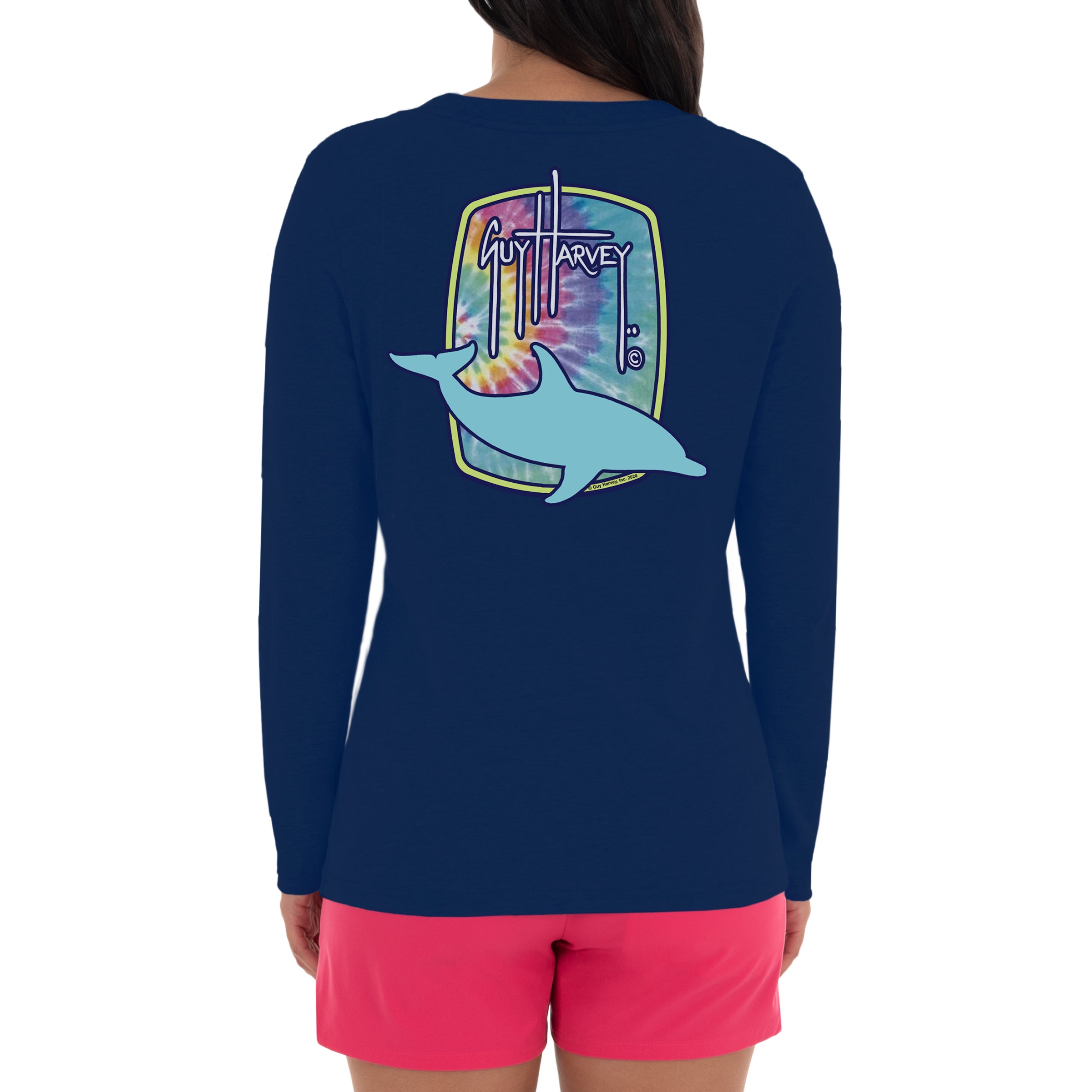 Ladies Tie Dye Long Sleeve Navy T-Shirt View 1