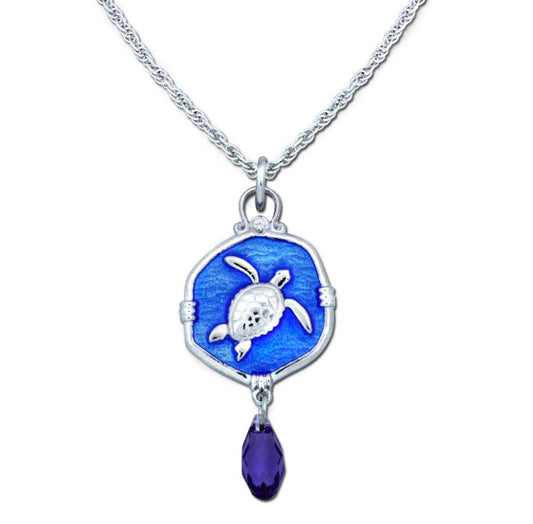 Sea Turtle Lavalier Necklace in Sterling Silver with Hard Fired Enamel and Swarovski Briolette