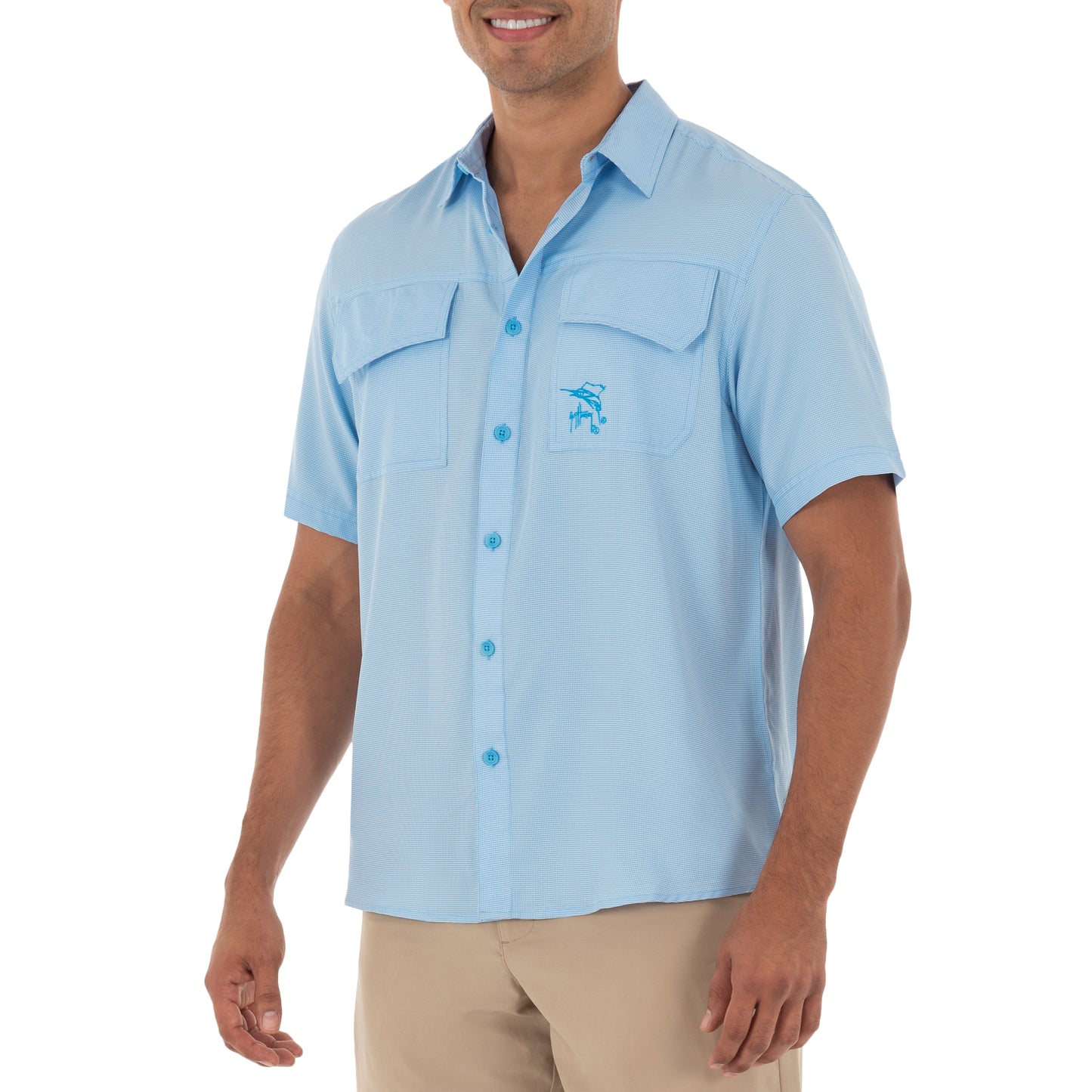Men's Short Sleeve Texture Gingham Blue Performance Fishing Shirt View 5