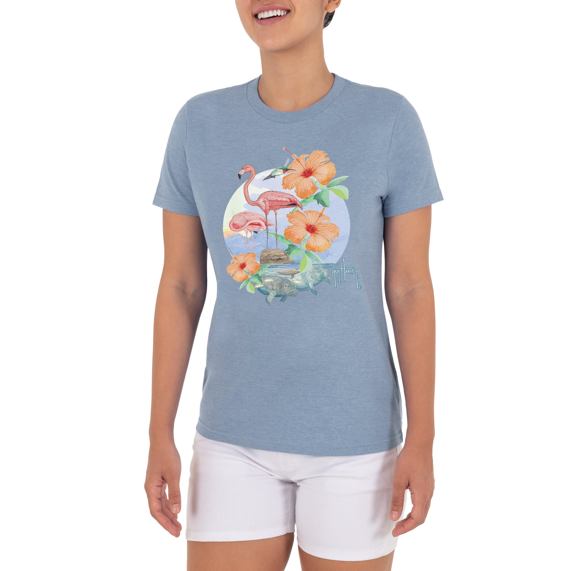 Ladies Flamingos & Friends Short Sleeve Blue T-Shirt View 4