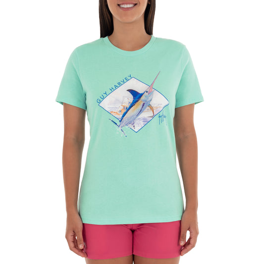 Ladies Swordfish Splash Short Sleeve Green T-Shirt View 1