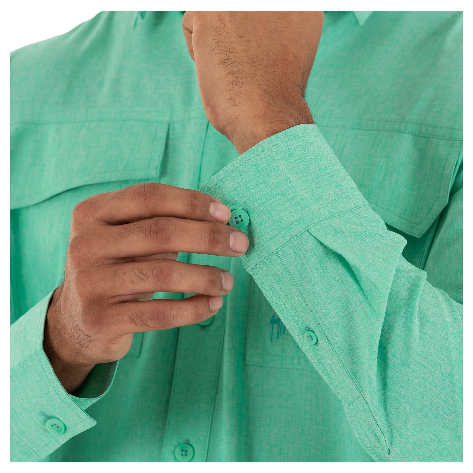 Guy Harvey | Men's Long Sleeve Heather Textured Cationic Green Fishing Shirt, XL