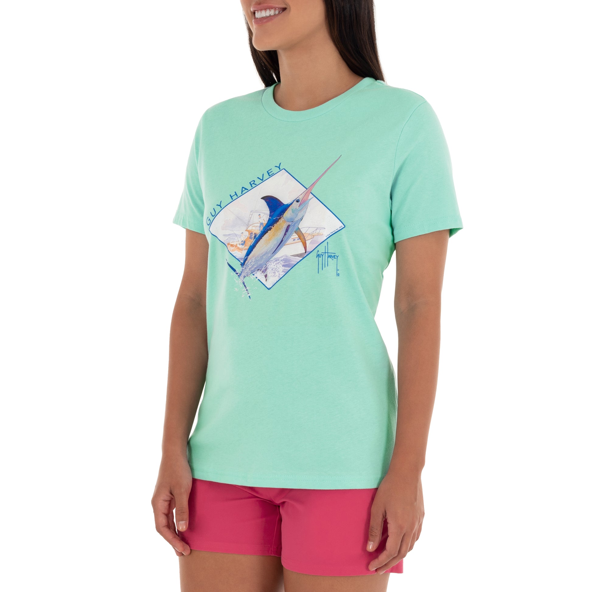 Ladies Swordfish Splash Short Sleeve Green T-Shirt View 5