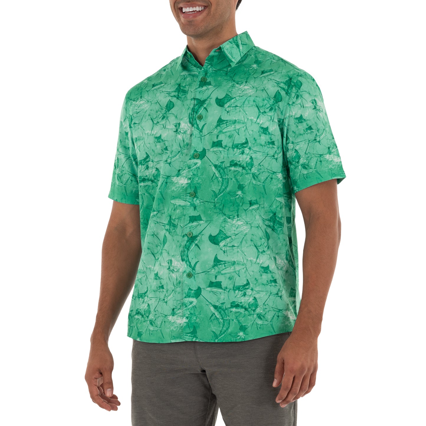 Men's Short Sleeve Printed Turquoise Fishing Shirt