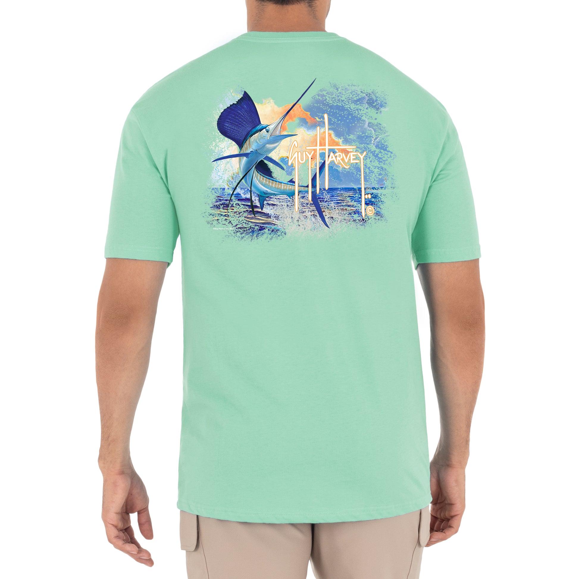 Guy Harvey Men's Sunset Sailfish Short Sleeve T-Shirt, XXL, Beach Glass