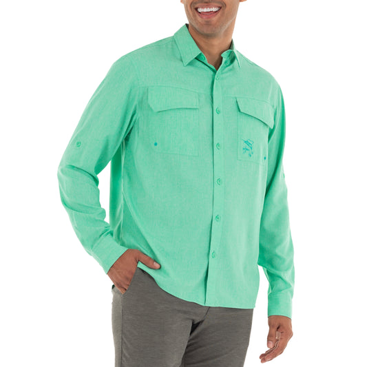Men's Long Sleeve Heather Textured Cationic Green Fishing Shirt