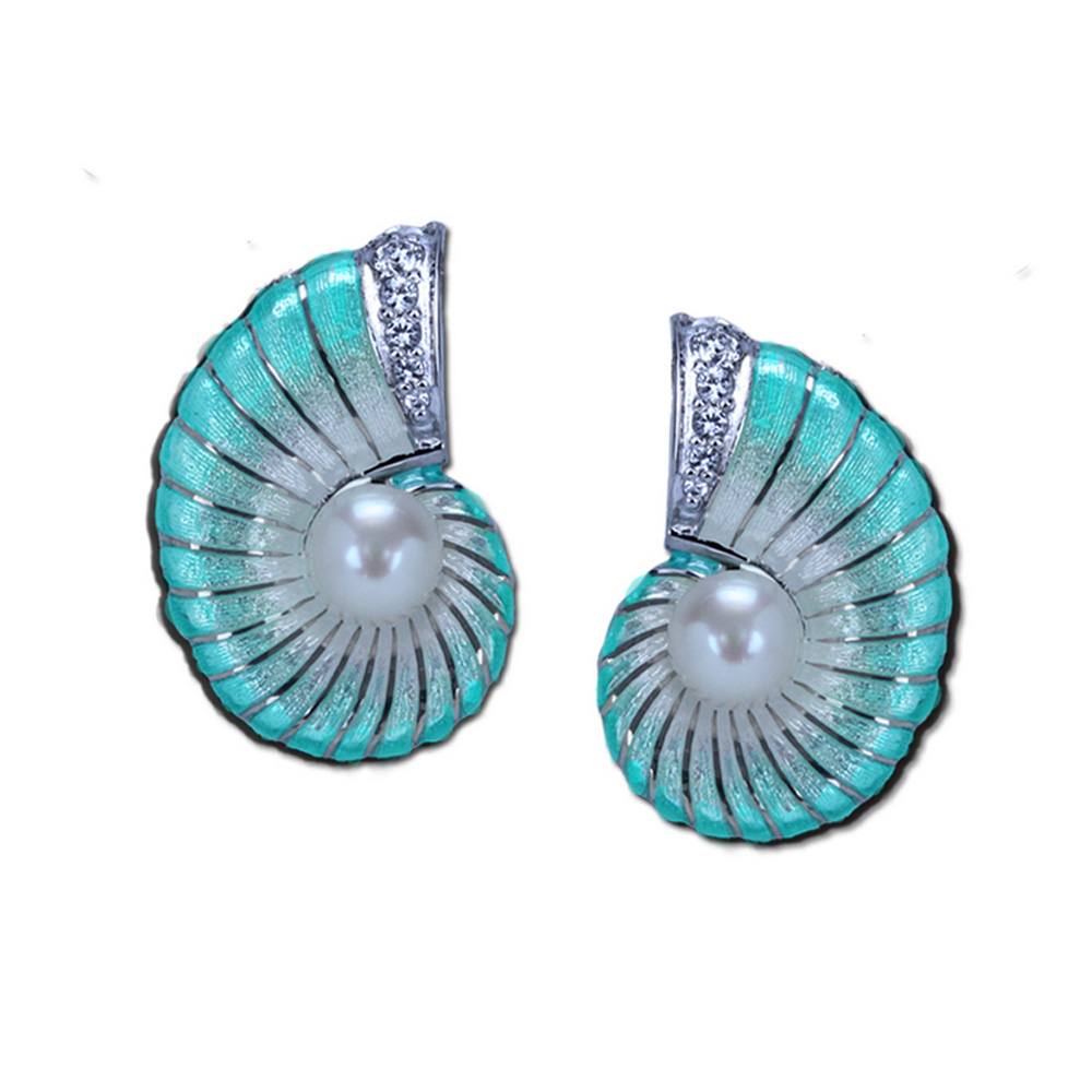Nautilus Earrings with Pearls- Enamel Sterling Silver
