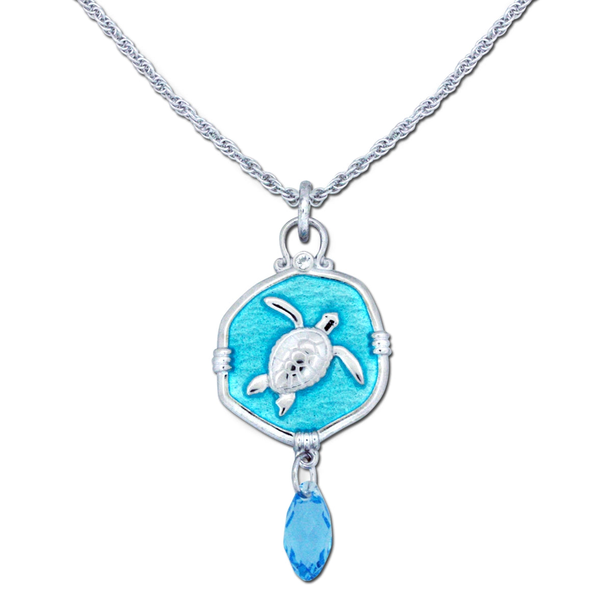 Sea Turtle Lavalier Necklace in Sterling Silver with Hard Fired Enamel and Swarovski Briolette